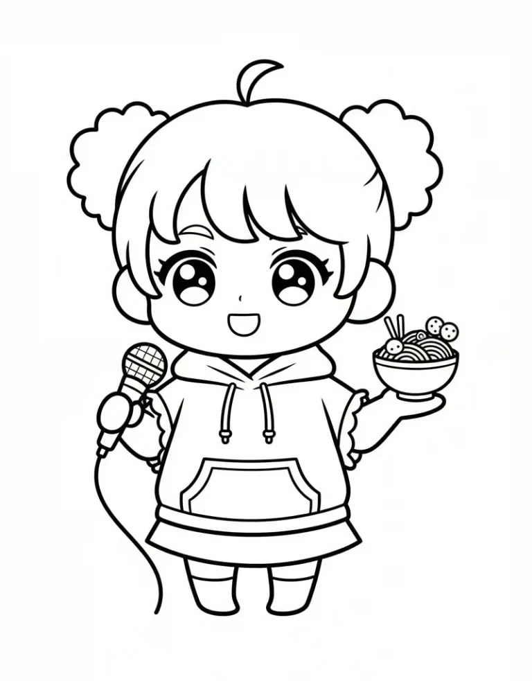 Chibi Rumi with Microphone and Ramen Coloring Page For Kids