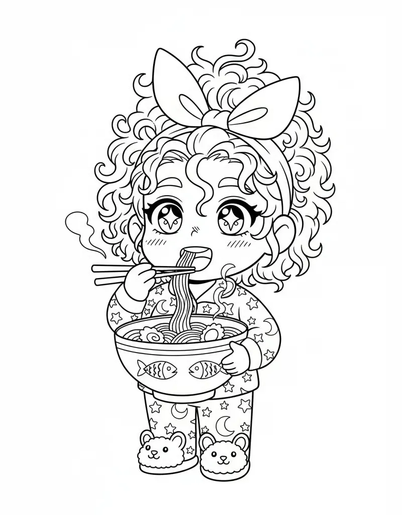 Chibi Zoey Eating Ramen in Pajamas With Messy Hair Coloring Page