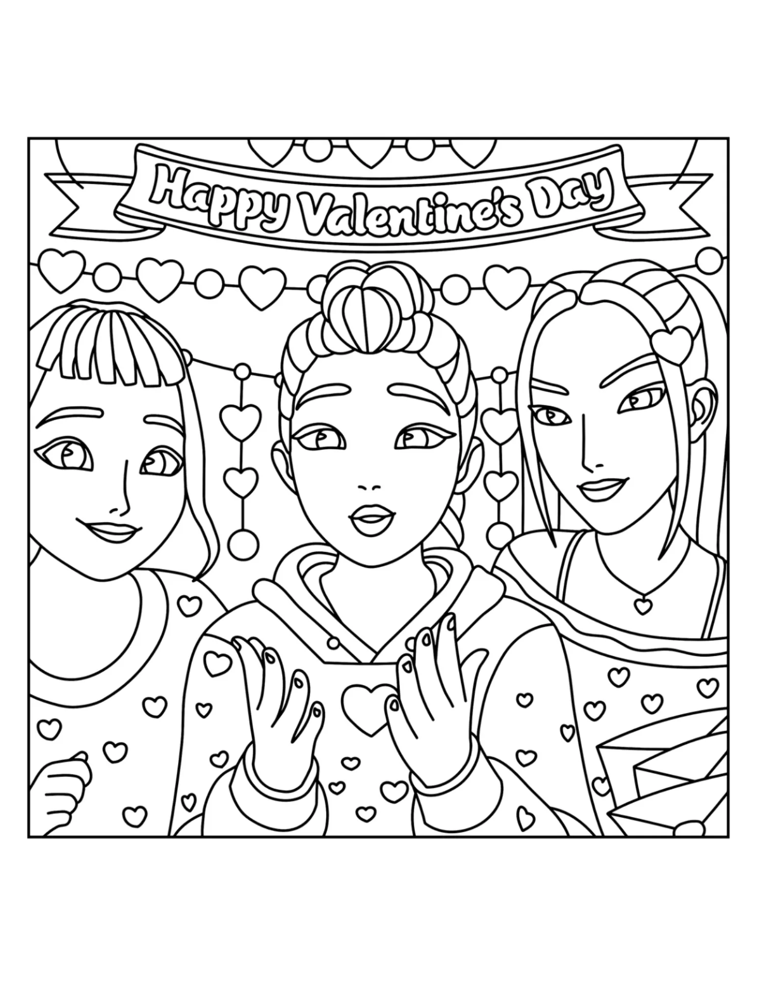 Cozy-style Rumi, Zoey and Mira Valentine’s Day Coloring Page Free Printable
