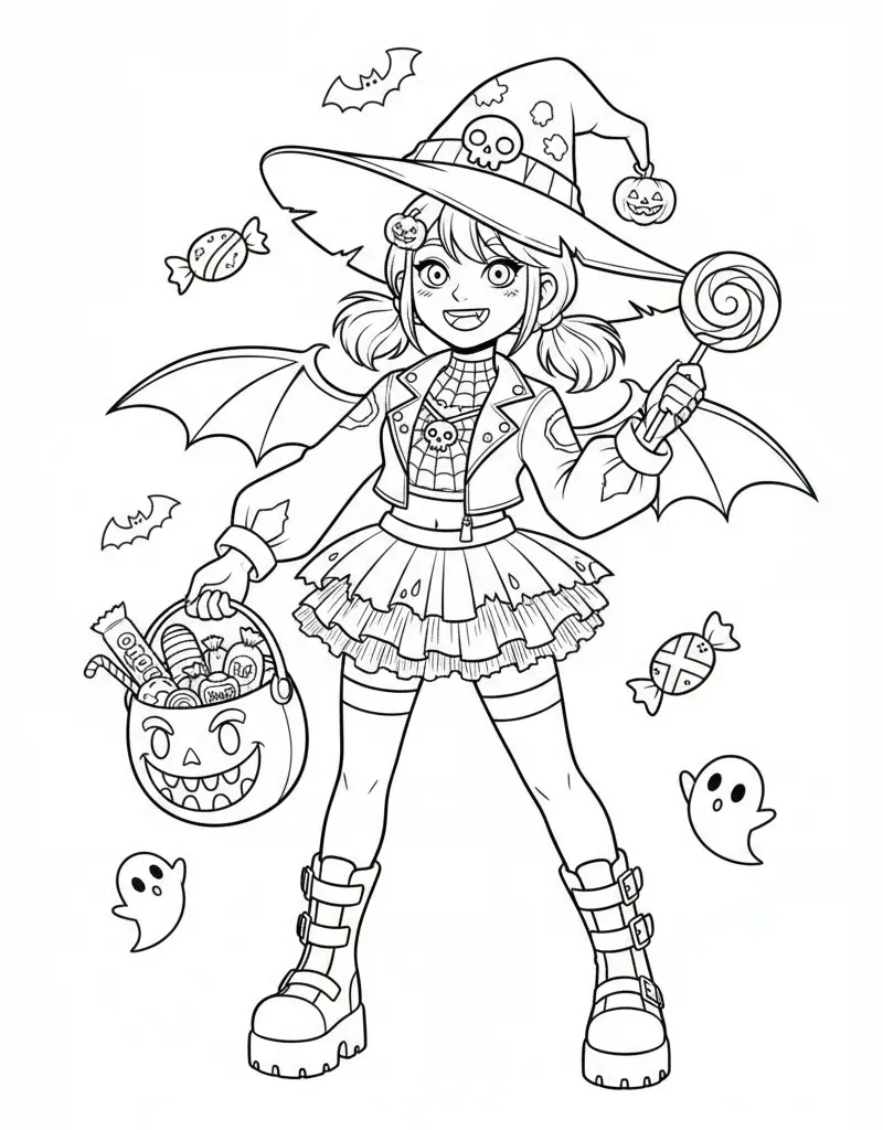 Halloween Zoey with Candy and Costume Kpop Demon hunters Coloring Page