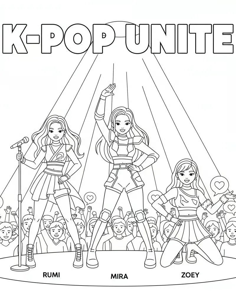Huntrix K-pop Concert Mari, Rumi, Zoey with Fans Free Coloing pages