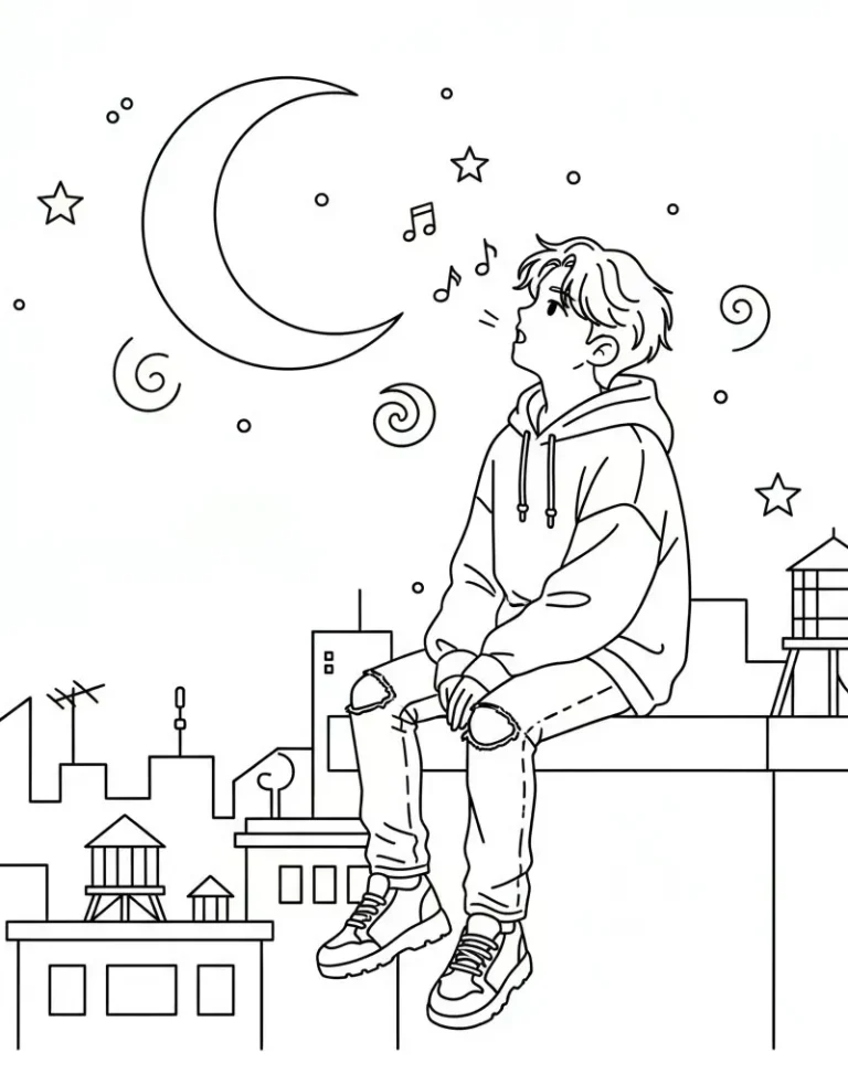 Jinu Reflective Rooftop Setting Night Scene Coloring Page