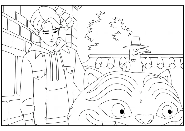 Jinu with Blue Tiger and Sussie Bird Coloring Page