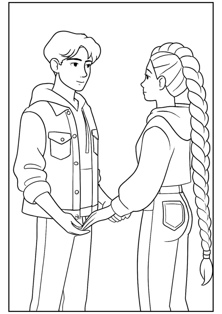 Jinu with Rumi Hands in Hands Romantic Moment Coloring Page