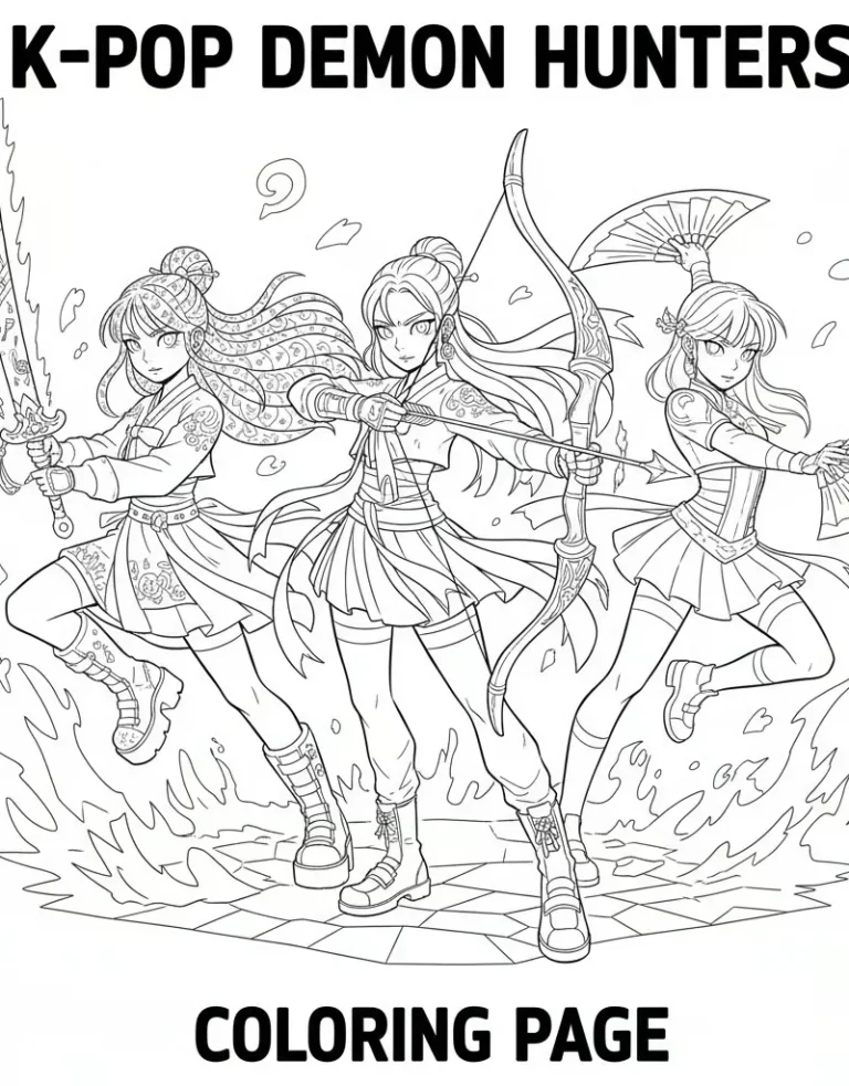 Kpop Demon Huntrix Girls Battle-Ready Group Pose Coloring Sheet