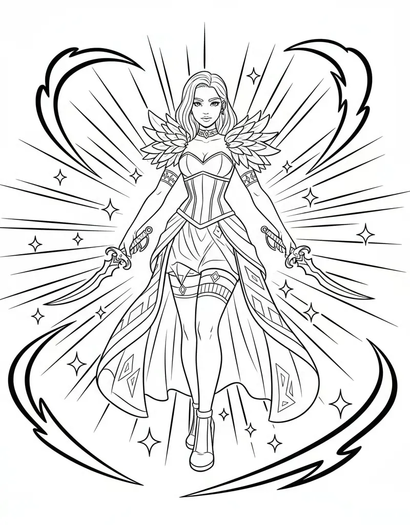 Kpop Demon hunters Zoey in Golden Stage Outfit with Dual Daggers Coloring page