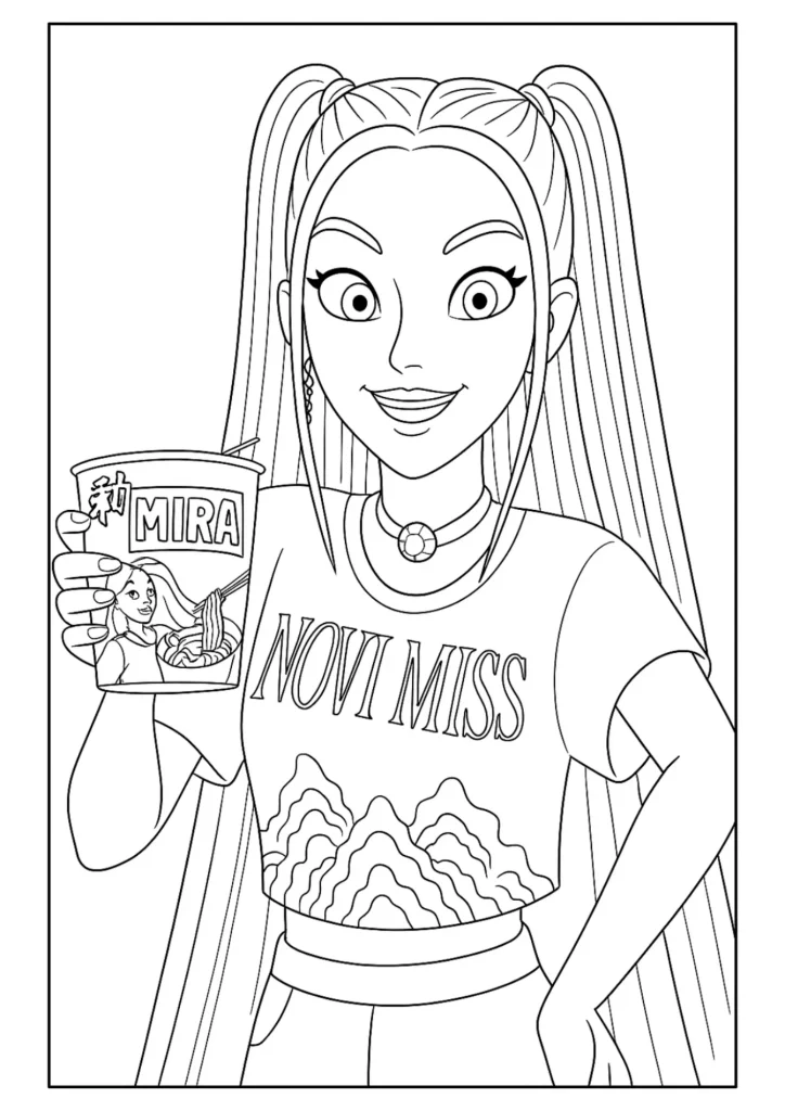 Mira Holding Noodle Cup Coloring Page (Free Printable)