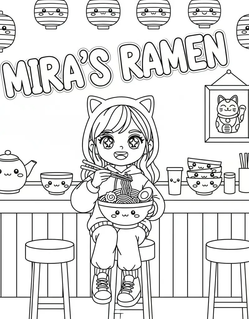 Mira at Ramen Shop Casual Scene Coloring Sheet