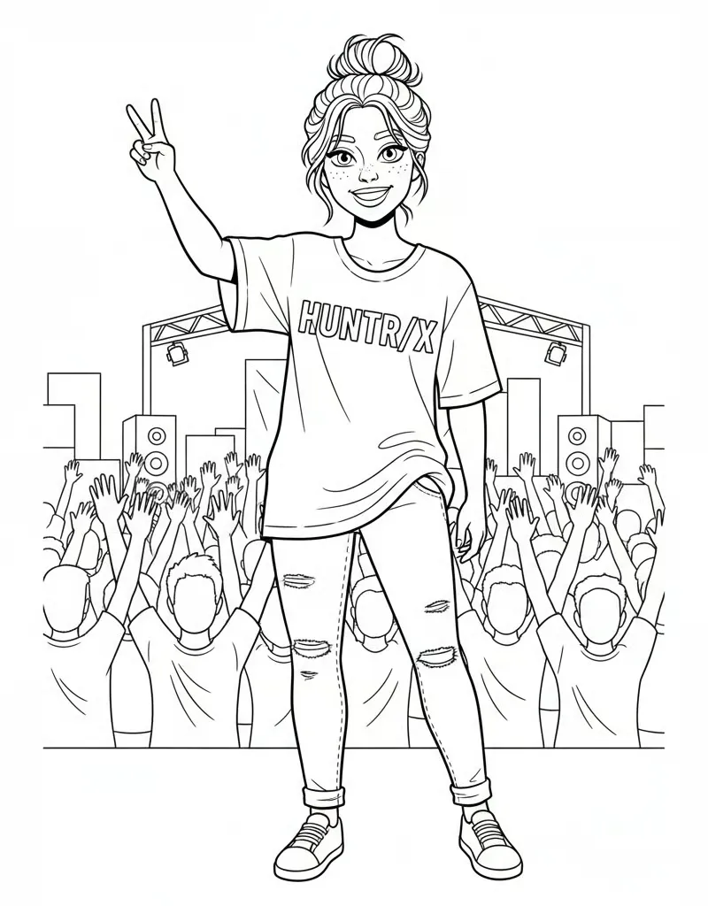 Mira in HUNTRX Logo T shirt Smiling Pose Coloring Page