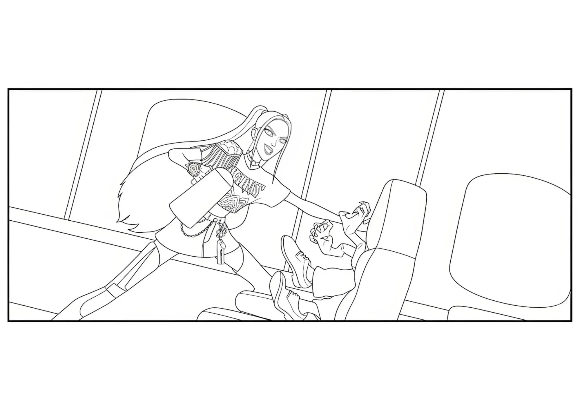 Mira punches the Demon down into the airplane seat Coloring Page (Free Printable)