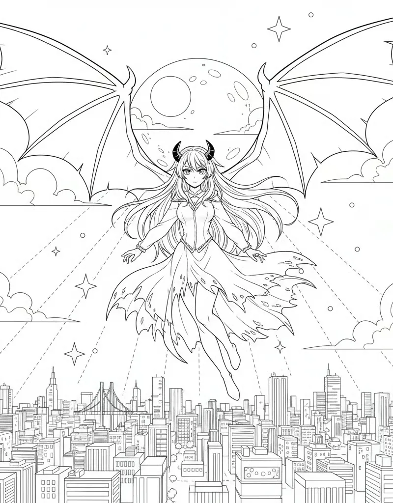 Mira with Demon Wings Floating Over City Kpop Free Coloring Page