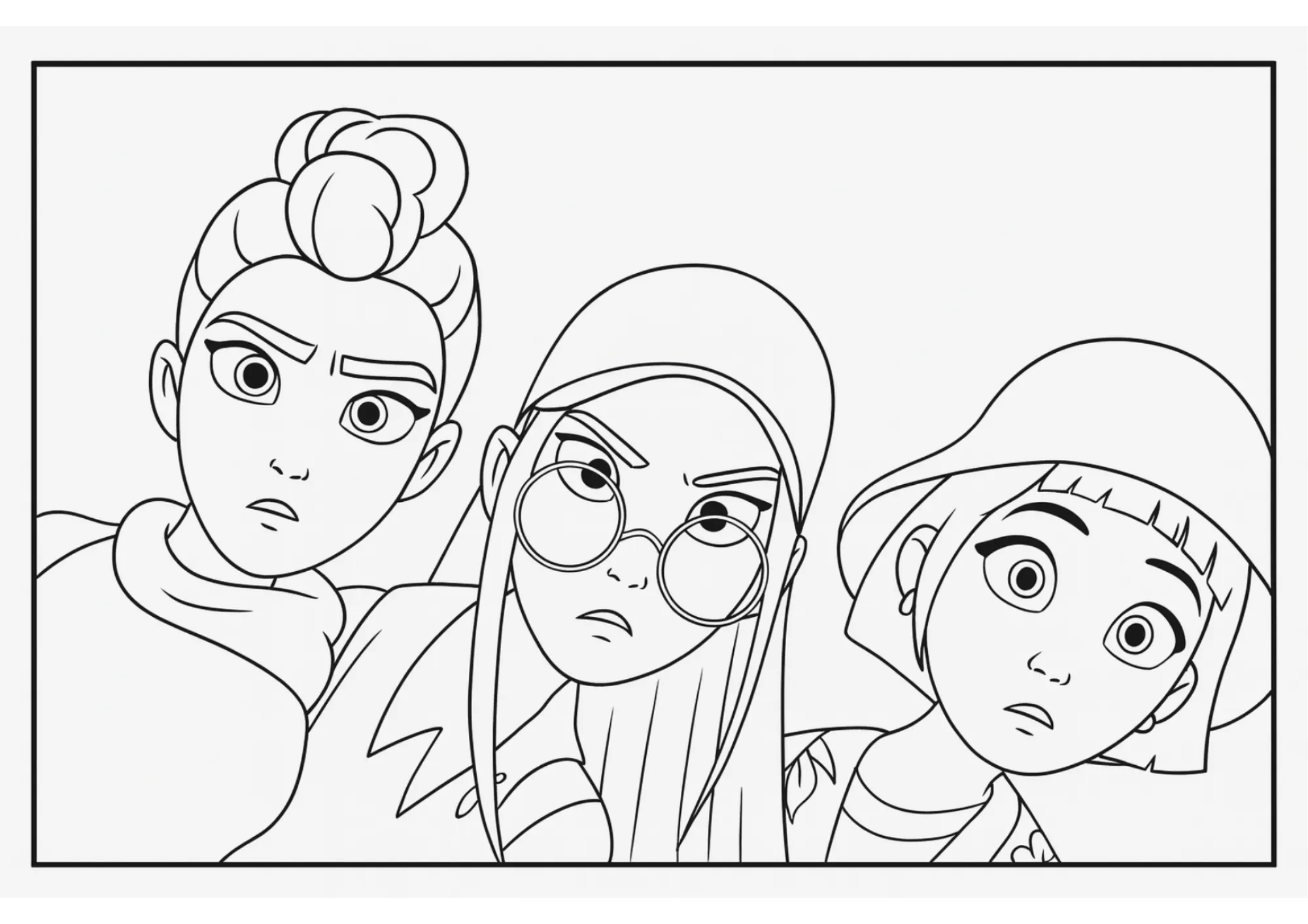 Rumi, Mira & Zoey Close-Up Coloring sheet (Free Printable)