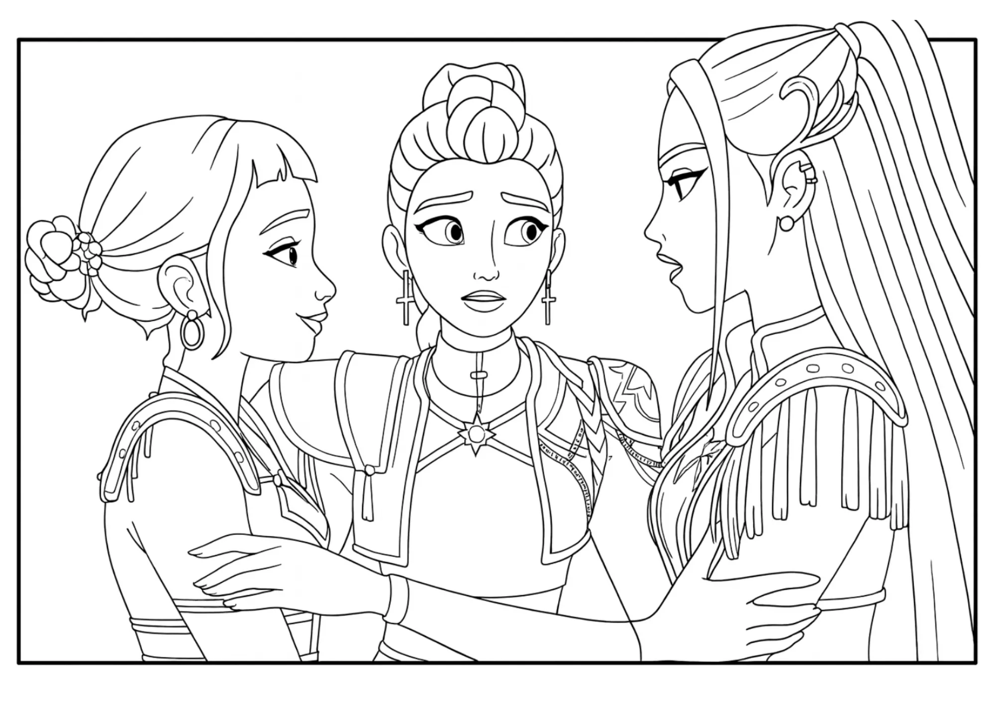 Rumi, Mira & Zoey Emotional Moment Coloring Sheet (Free Printable)