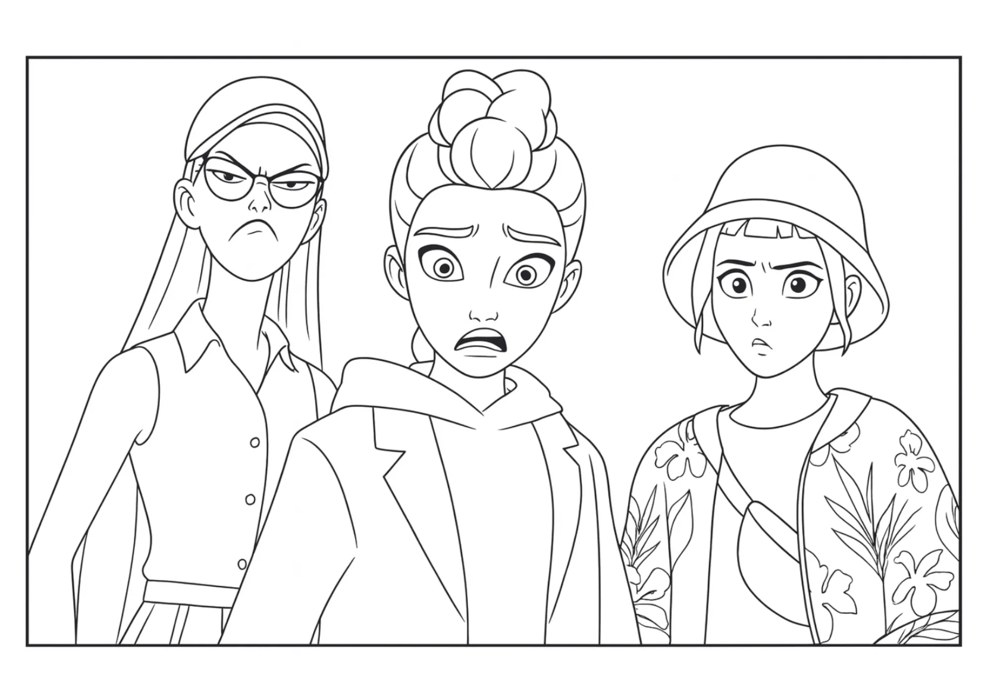 Rumi, Mira & Zoey Serious Expressions Coloring Sheet (Free Printable)
