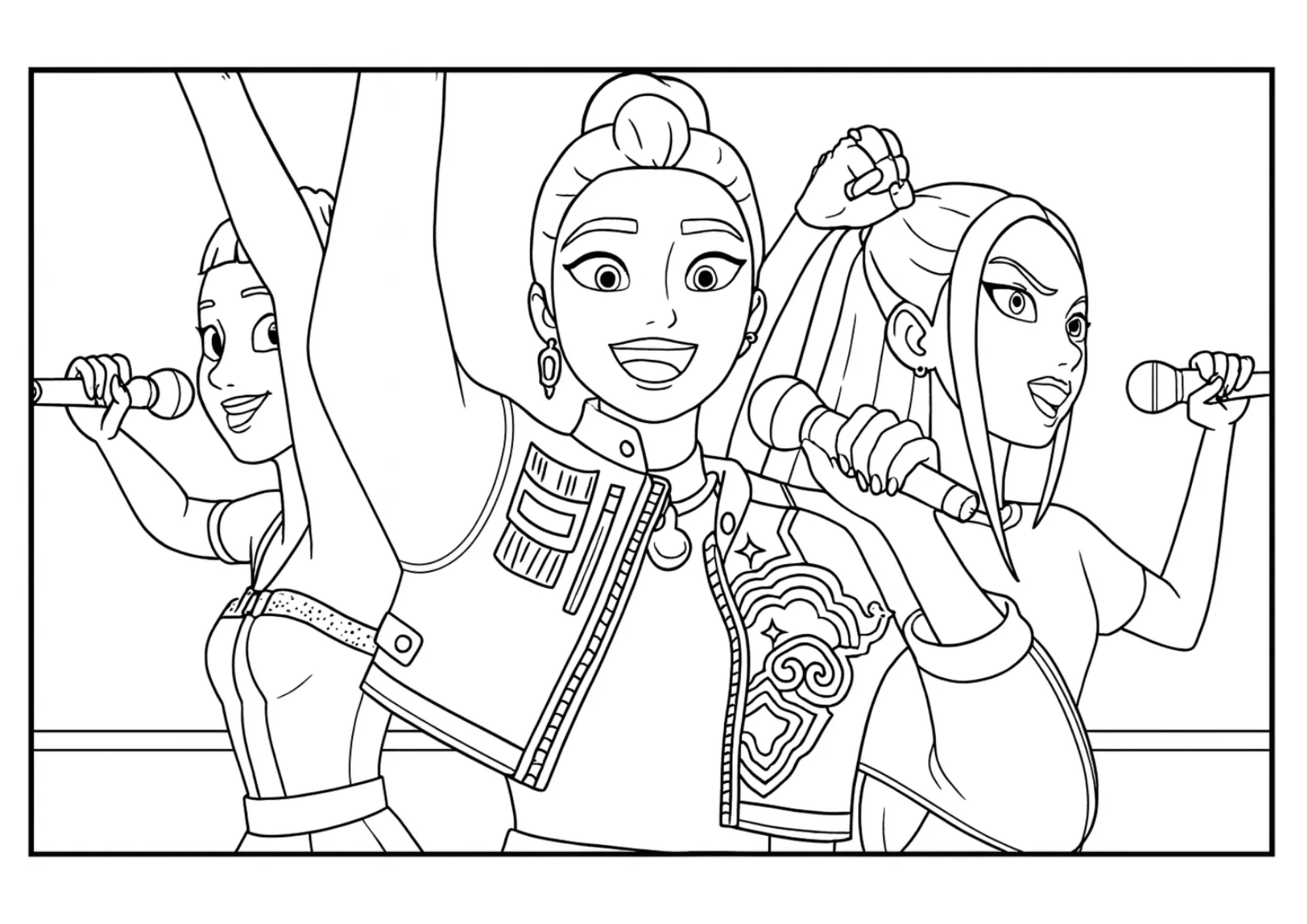 Rumi, Mira & Zoey Stage Performance Coloring Sheet (Free Printable)