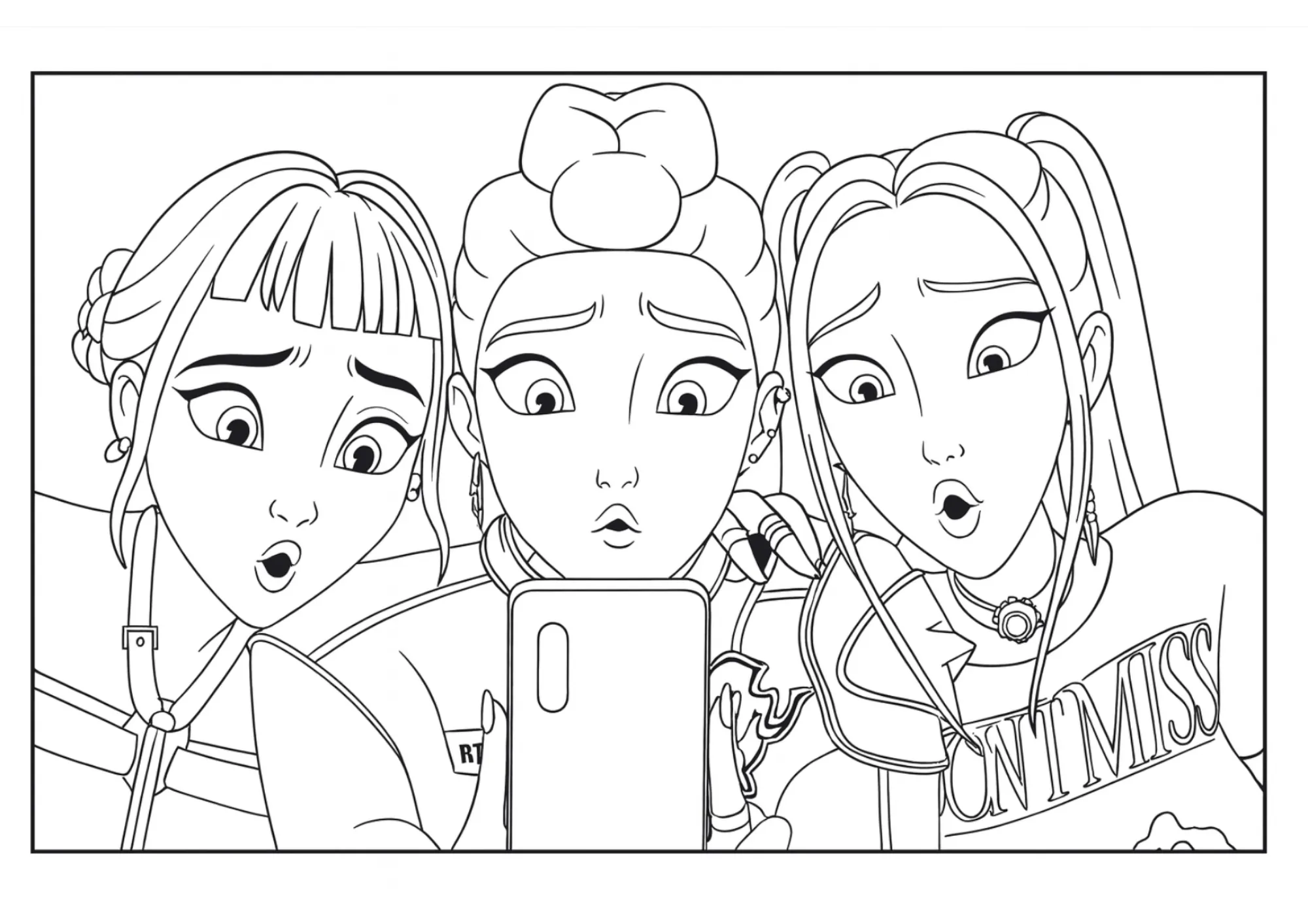 Rumi, Mira & Zoey Surprised Phone Scene Coloring Sheet (Free Printable)