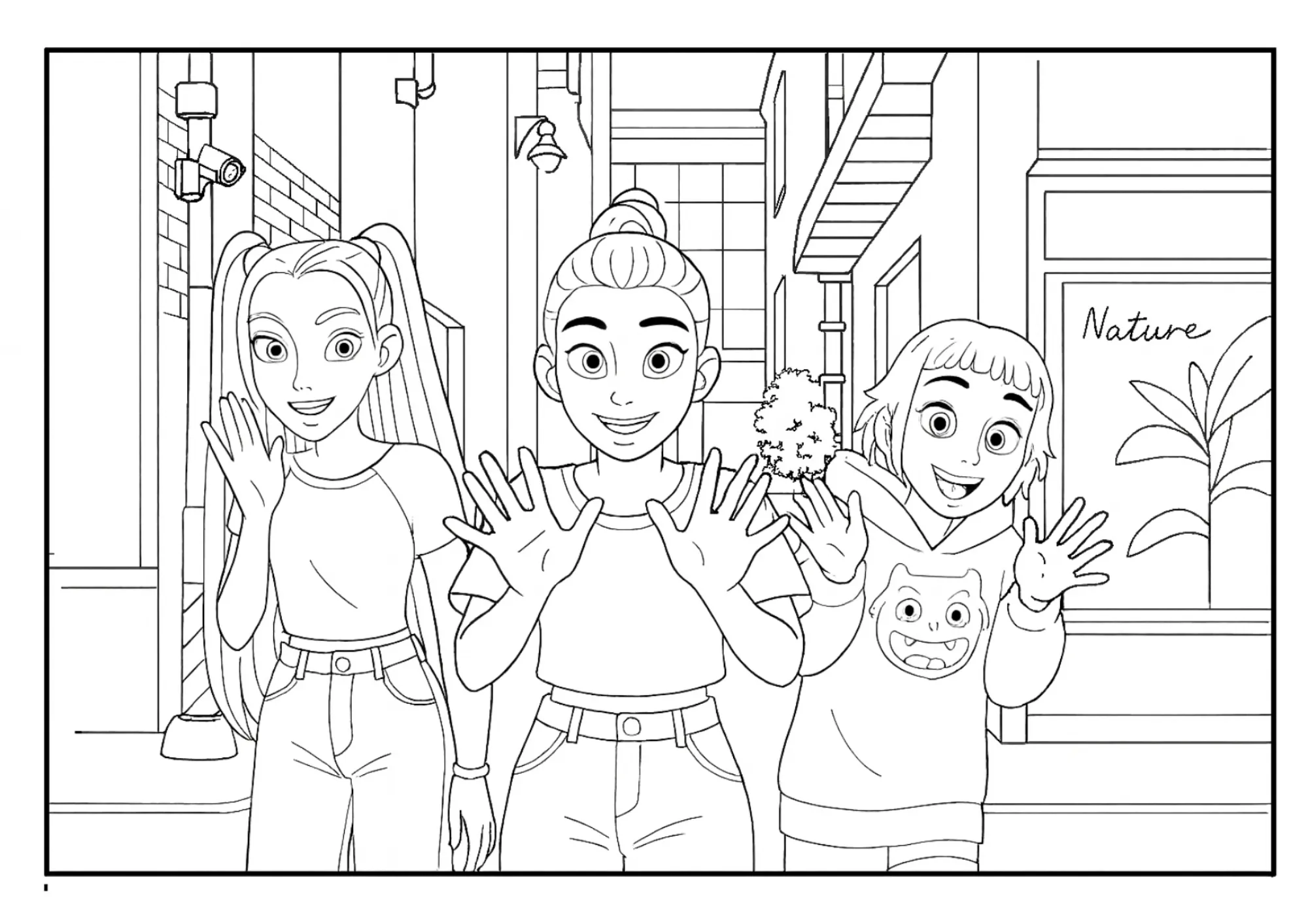 Rumi, Mira & Zoey Waving on the Street Coloring Sheet (Free Printable)