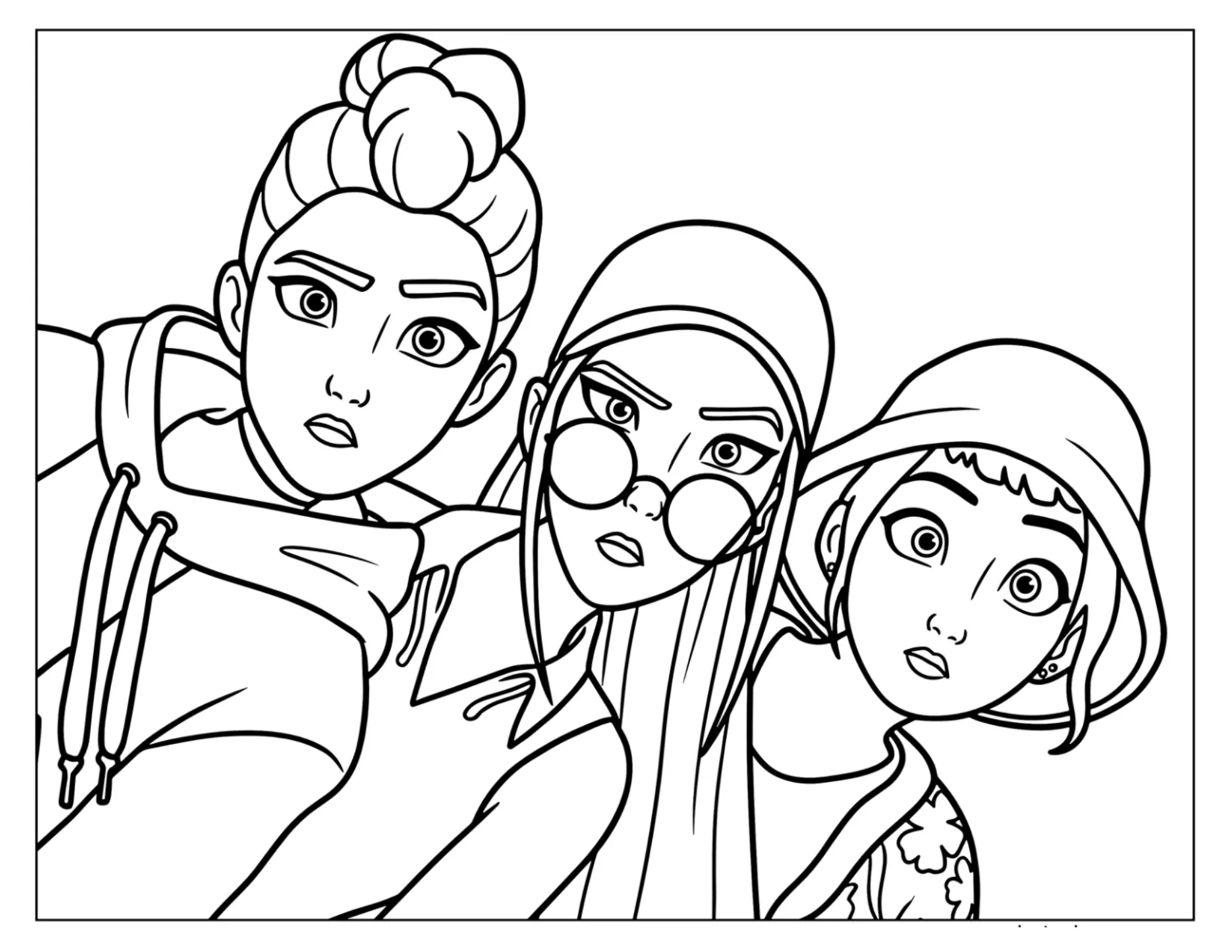 Rumi, Mira and Zoey Looking Surprised Coloring Page (Free Printable)