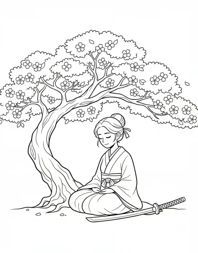 Rumi Peaceful Moment Under Sakura Tree Coloring Page