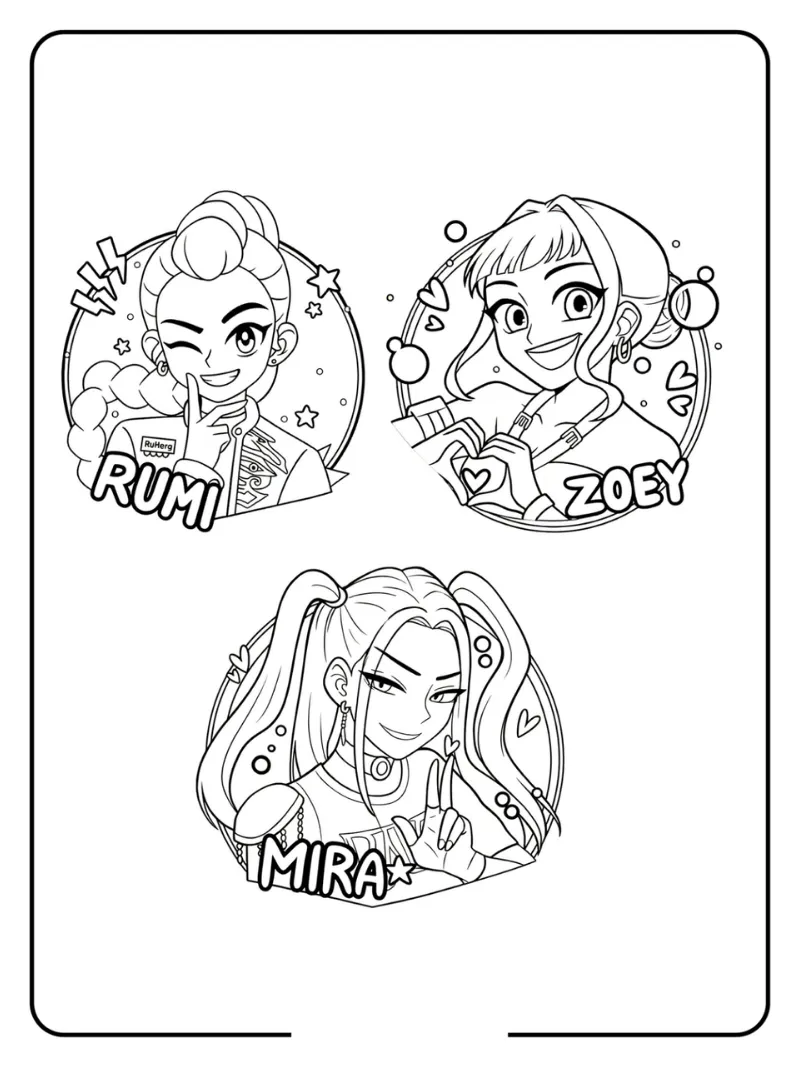 Rumi, Zoey, and Mira Badge Set Coloring Page