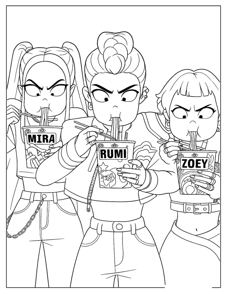 Rumi, Zoey, and Mira Enjoying Instant Noodles Coloring Sheet