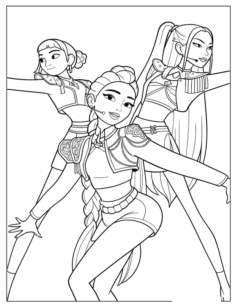 Rumi, Zoey, and Mira Performing Coloring Sheet
