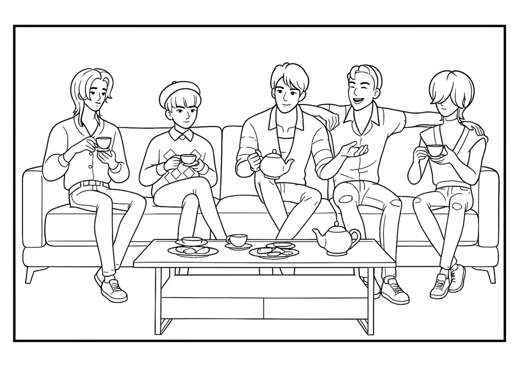 Saja Boys Drinking Tea Coloring Page (Free Printable)
