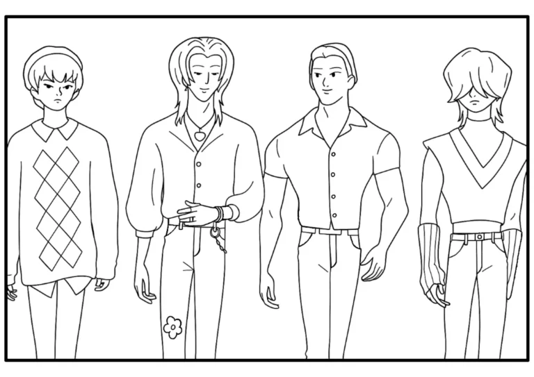 Saja Boys Group Walking in the Street Coloring Page (Free Printable)