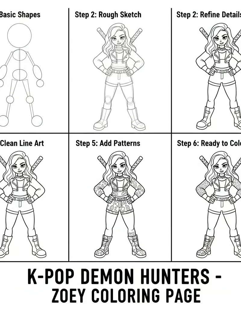Step-by-Step Drawing Tutorial of Zoey Kpop Coloring pages