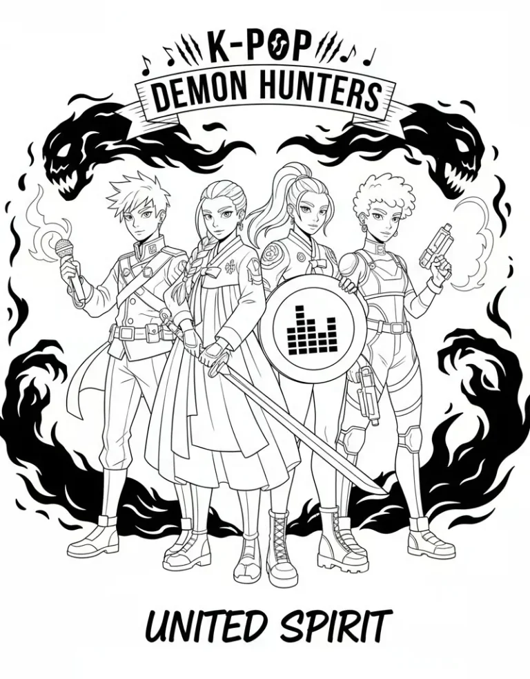United Team with Jinu, Rumi, Mira, and Zoey Coloring Page Free Printable