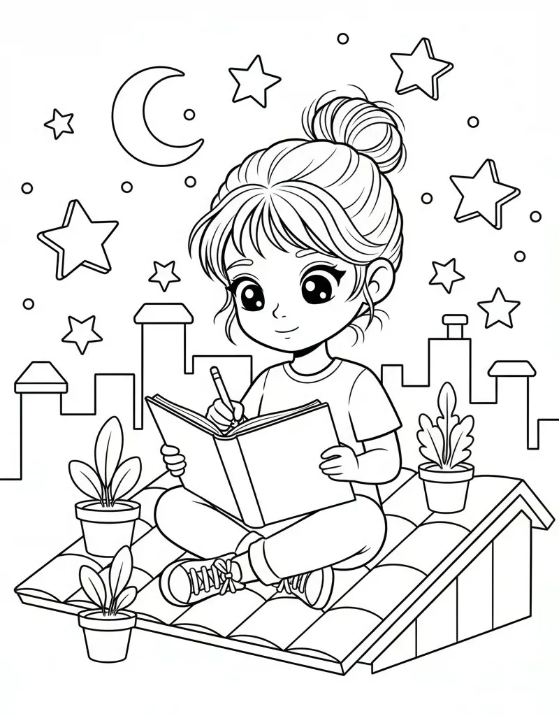 Young Zoey Writing Lyrics Under Stars Coloring Page in Cute Anime Style