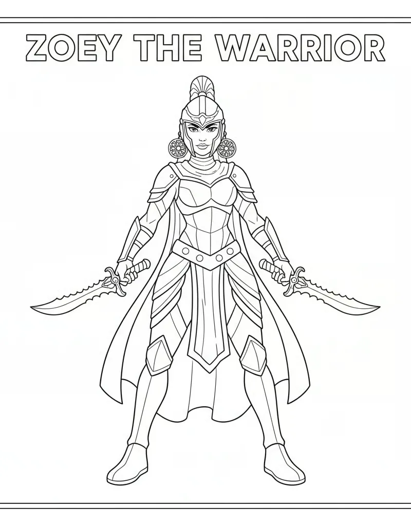 Zoey Full Costume with Shin-Kal Daggers Free Printable Coloring Page