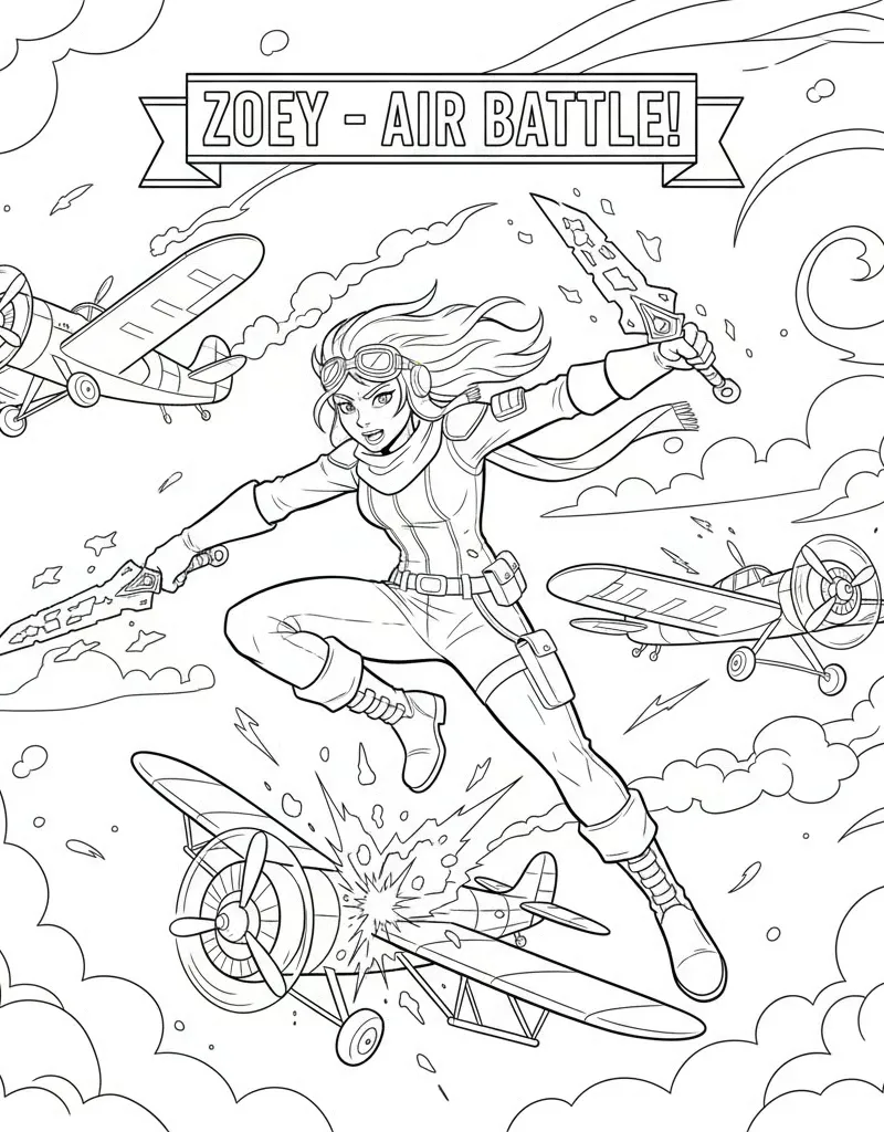 Zoey Jumping Mid-Air Airplane Battle Action Coloring Page