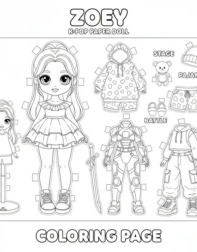 Zoey K-pop Paper Doll with Multiple Outfits Line Art Coloring Page