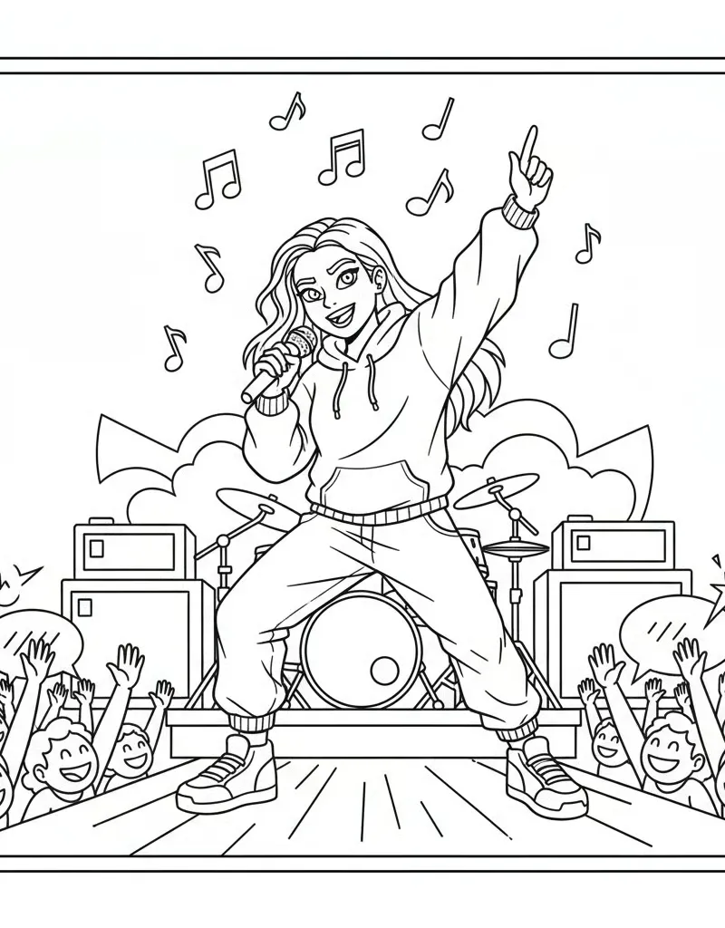 Zoey Rapping on Concert Stage and Fans Cheering Coloring Page