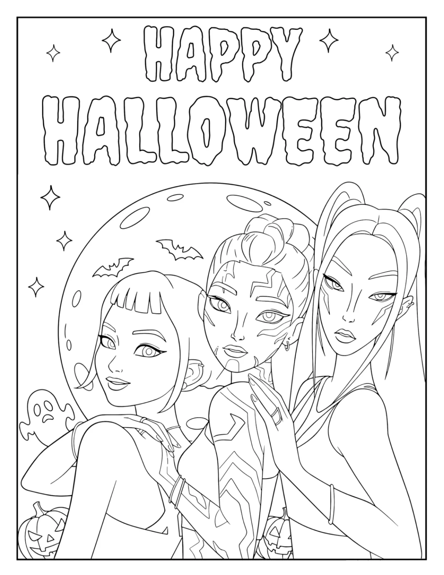 Zoey, Rumi and Mira on Halloween Coloring Page