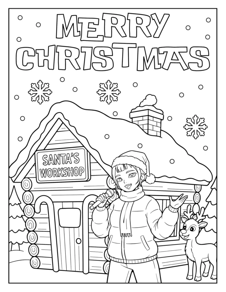 Zoey Visiting Santa’s Workshop at the North Pole Coloring Page (Free Printable)