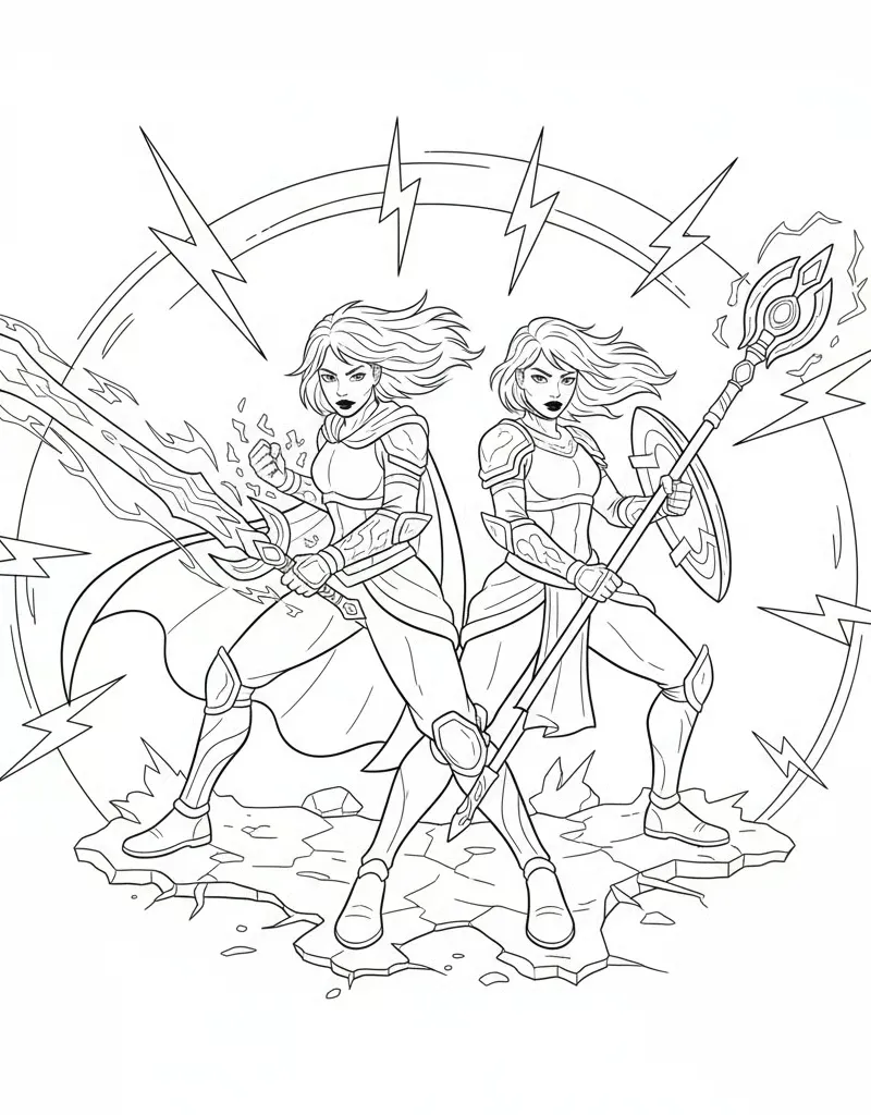 Zoey and Mira Back-to-Back Battle Pose With Weapons Free Coloring sheet